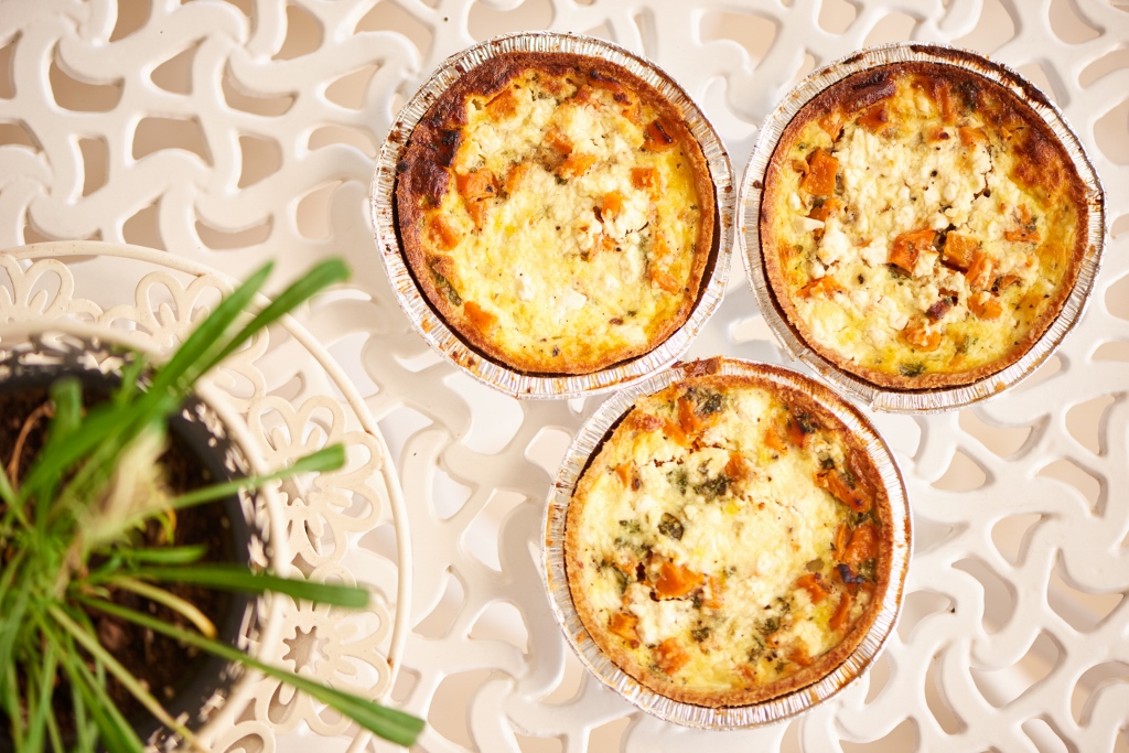 Fresh individual quiches with various fillings